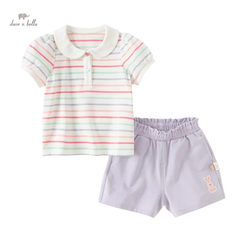 Dave Bella 2024 New Summer Children's Girls Baby Two-Piece Girls T-shirt Shorts Set Sweet Lovely Striped Casual DB2241266