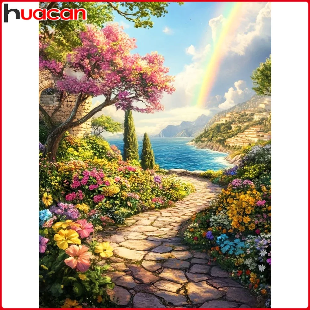 Huacan DIY Diamantmalerei Regenbogen-Garten am Meer Diamant-Mosaik Landschaft Blumen Komplettset Dekorative Gemälde