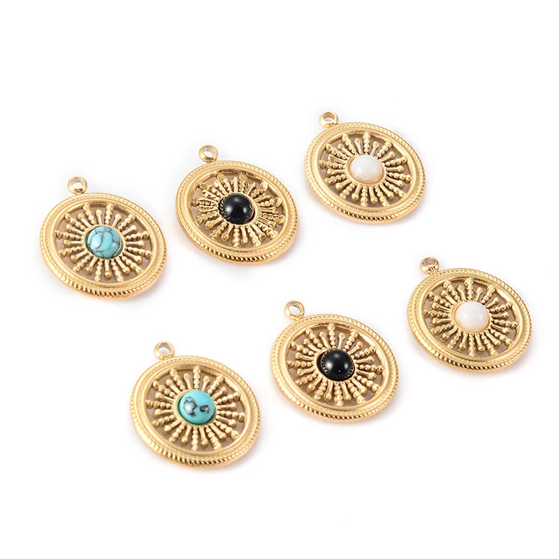 3Pcs Round Stainless Steel Sun Flower Charms Natural Stone Pendants for Jewelry Making Dangle DIY Earring Necklace Supplies