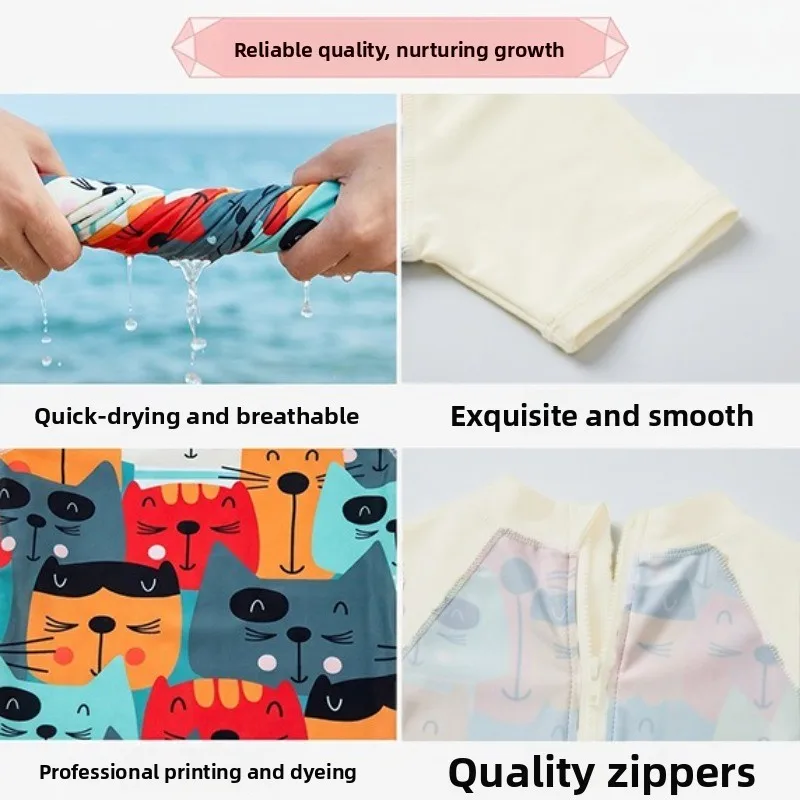 Baby Swimwear Kids Cat Pattern One Piece Swimsuit Summer Short Sleeve Sun Protective Quick Dry Swimming Suit Boys Swimwears