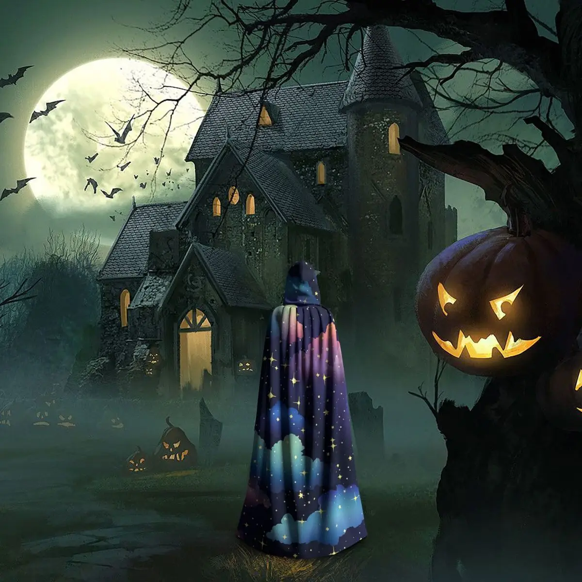 السماء الليلية الملونة مليئة بالنجوم اللامعة عباءة طويلة مقنعين الساحرة القرون الوسطى زي تأثيري كيب هالوين معطف الكبار للجنسين