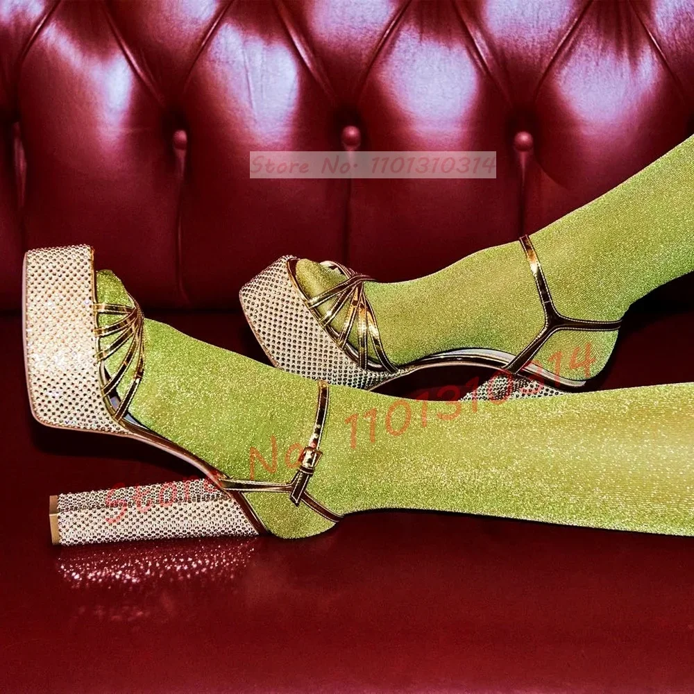 

Gold Crystals Platform Sandals Women Luxury Patent Cross Strap High Chunky Heels Ladies Open Toe Summer Party Catwalk Shoes