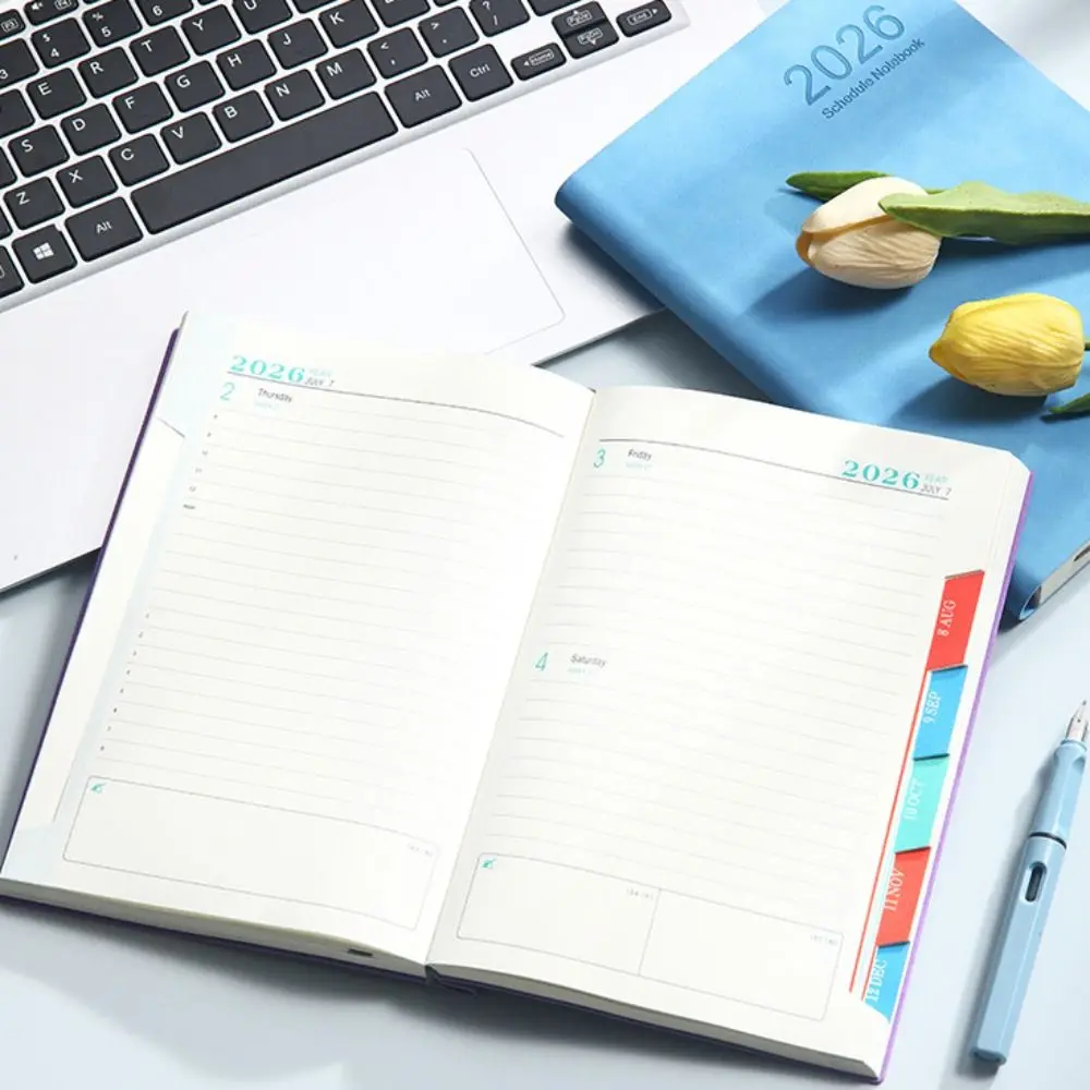 A5 2026 365-Day Schedule Notebook with Ribbon Bookmark Thick Paper Agenda Notebook Wear-resistant PU Leather Cover