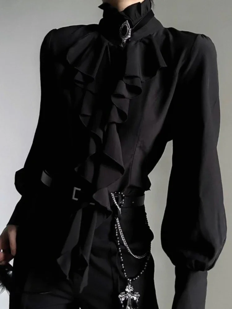 Harajuku Vintage Black Bottoming Shirt Women Stand Collar Ruffles Slim Blouses Japanese Victorian Long Sleeve Blusas De Mujer