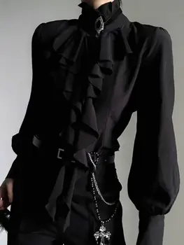 原宿復古黑色打底襯衫 女款立領荷葉邊修身襯衫 日式維多利亞長袖女襯衫 6 最佳銷售 維多利亞時代的服裝 - №6