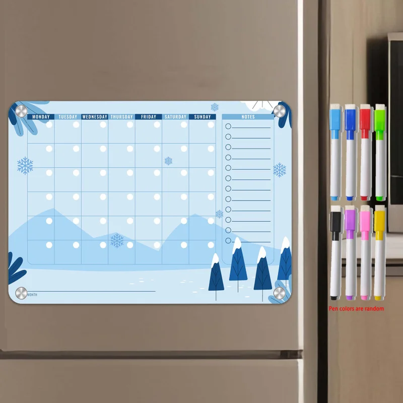 1pc Magnetic dry-erase whiteboard，Reusable monthly refrigerator magnets，To-do list，Memo，Ice and Snow Series，Attached Gift8Marker