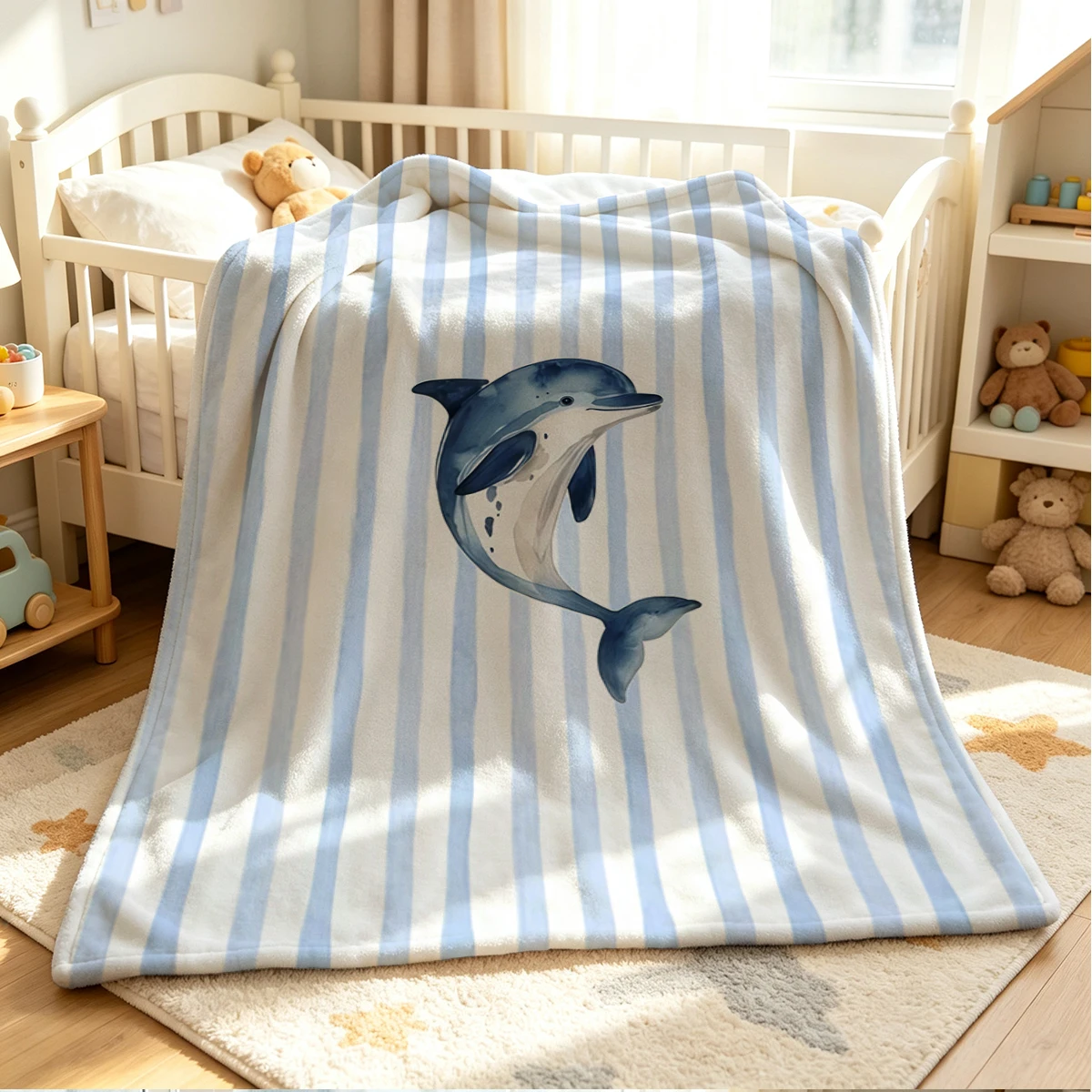 Dolphin Tide Flannel Blanket Warm Soft Halloween Christmas Couch Warm Cozy Decorative Decor Gift for All Season