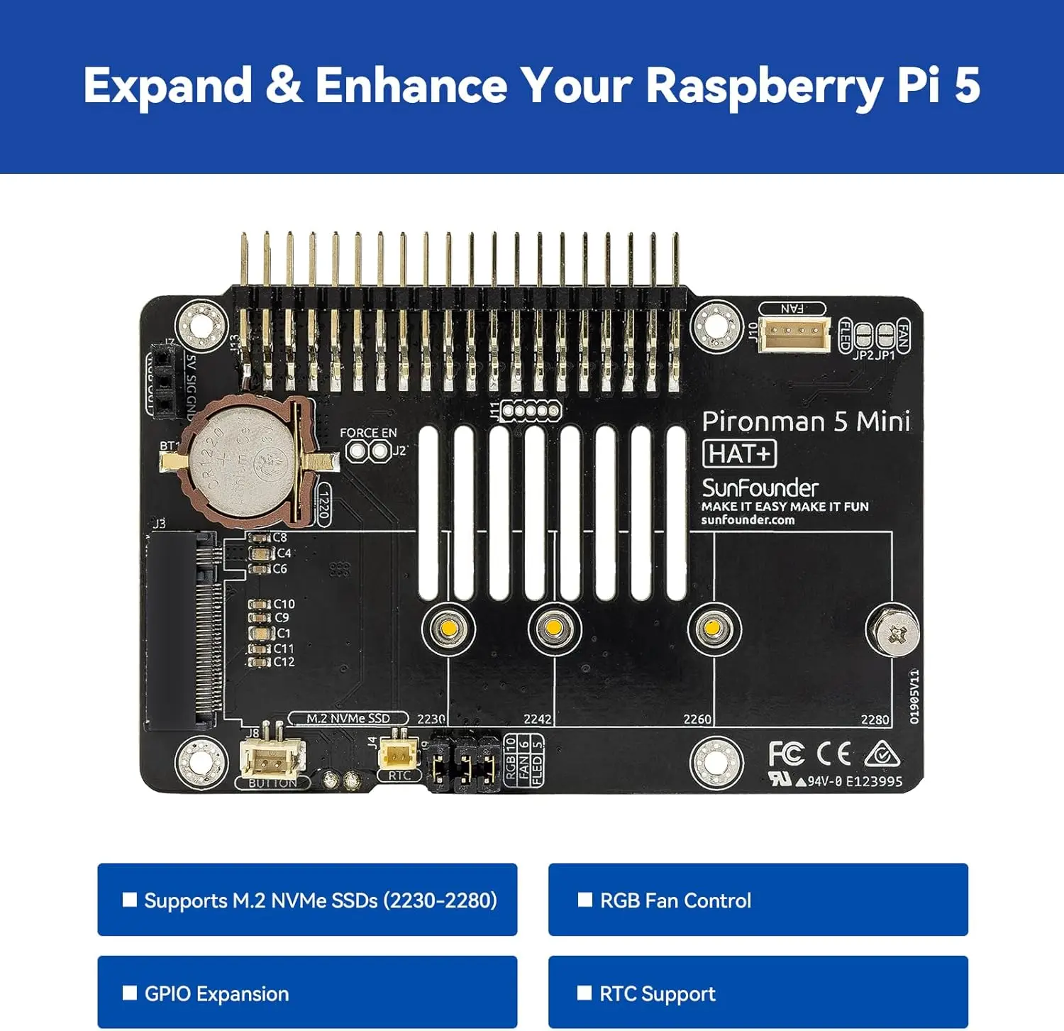 Чехол Pironman 5-Mini для ПК для Raspberry Pi 5 (нет в комплект), поддерживает M.2 NVMe SSD PCIe, с активным кулером PWM + вентилятором RGB
