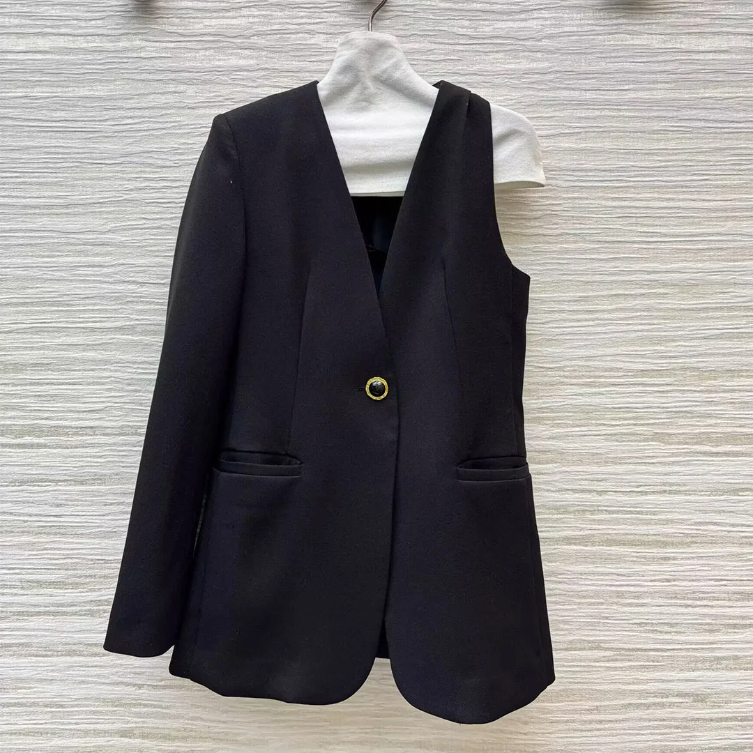 

2025 New Fashion Novelty Single Shoulder Sleeve V-neck Black Blazer Jacket Women Gold Buttons Luxury High Street Suit Coat