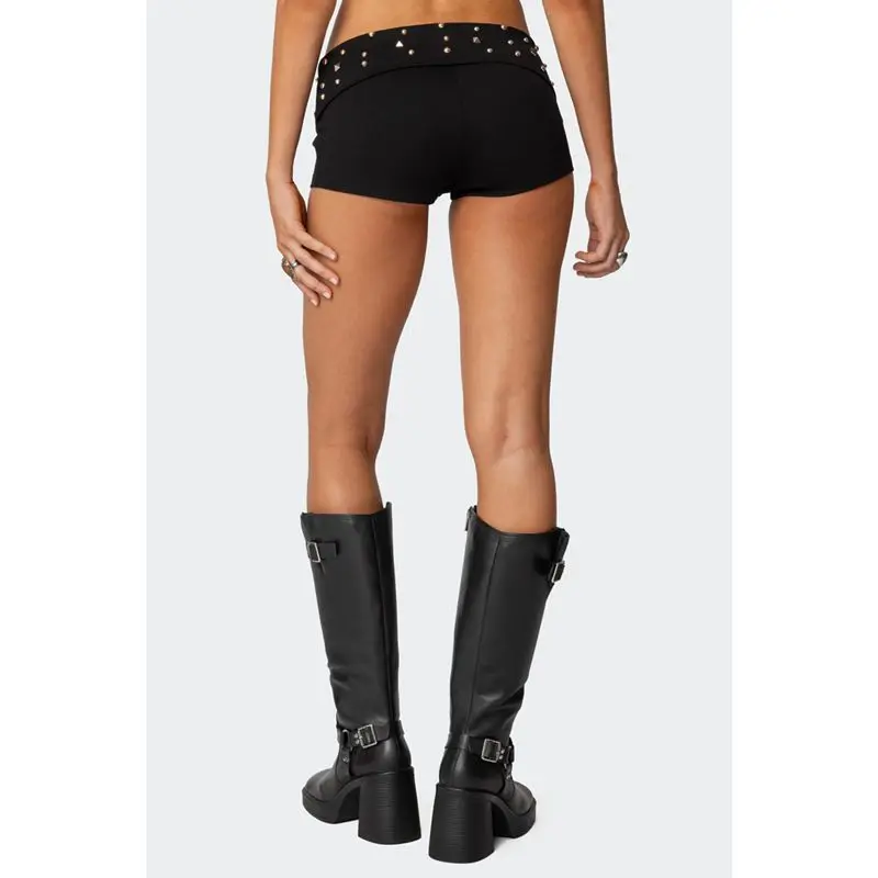 Combhasaki Women Summer Y2K Slim Fit Shots Elastic Folded Low Waist Rivet Decor Solid Color Aesthetic Gothic Bottoms Streetwear