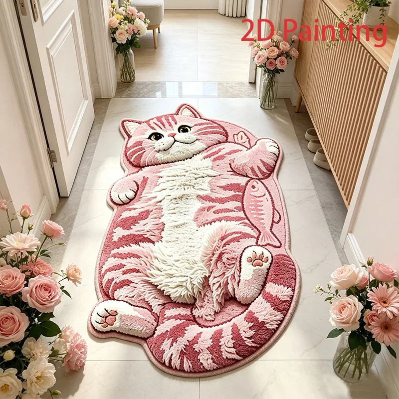 Kreativer Niedlicher Rosa Katzen-Fisch-Muster Teppich Lustiger Cartoon Wohnzimmerteppich Heimdekoration Weicher Komfortabler Schlafzimmer Bettvorleger