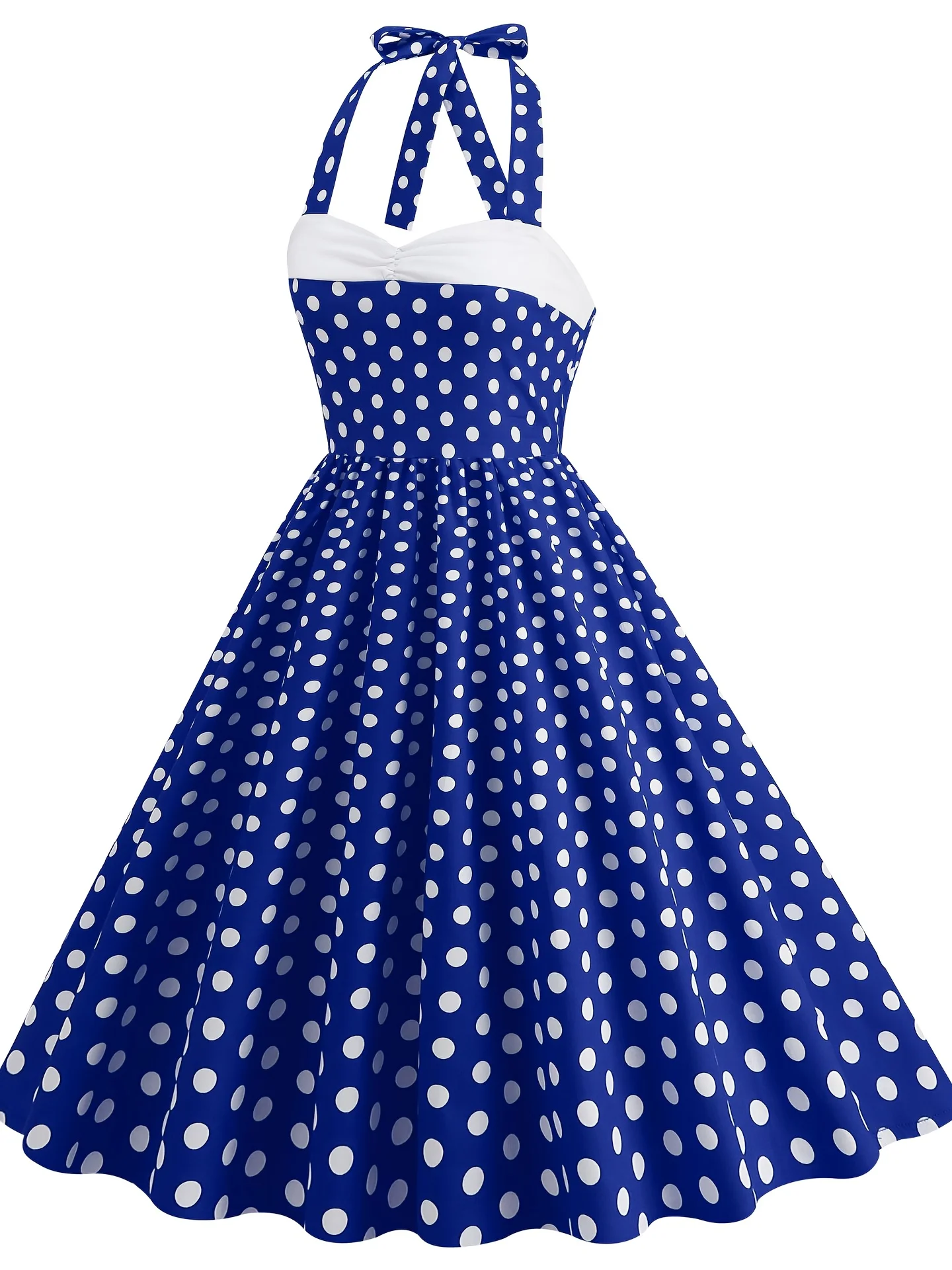 Vintage Polka Dot Halter Neck Dress with Tie-Back Detail - Cotton Blend, Machine Washable - Perfect for All Seasons