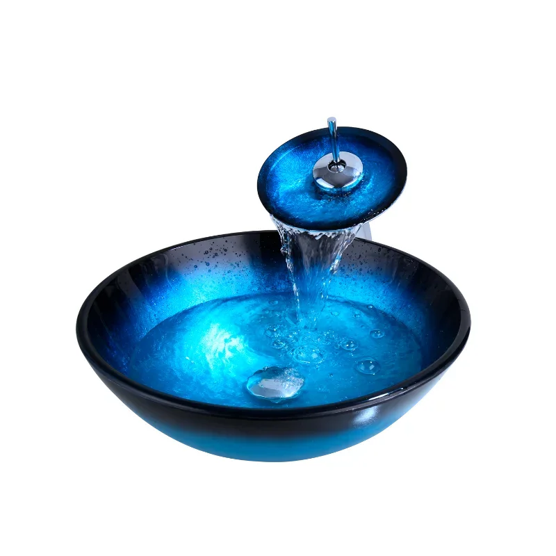 Hand Painted Blue Tempered Glass Basin Sink Washbasin Faucet Set Bathroom Counter top Washroom Vessel Vanity Sink Mixer