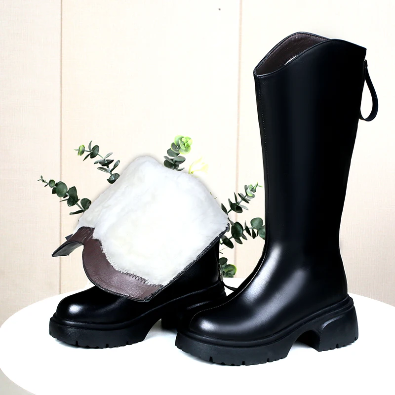 AIYUQI Knight Boots Women 2024 New Genuine Leather Winter Boots Women Wool Warm Women V-Mouth Platform Long Boots Women