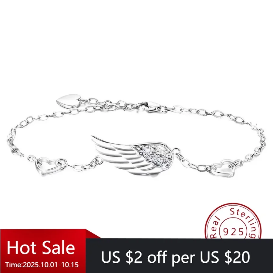 

New S925 Sterling Silver Bracelet with Heart-Shaped Wings Adjustable Bracelet Niche Design Luxury-Inspired Silver Jewelry