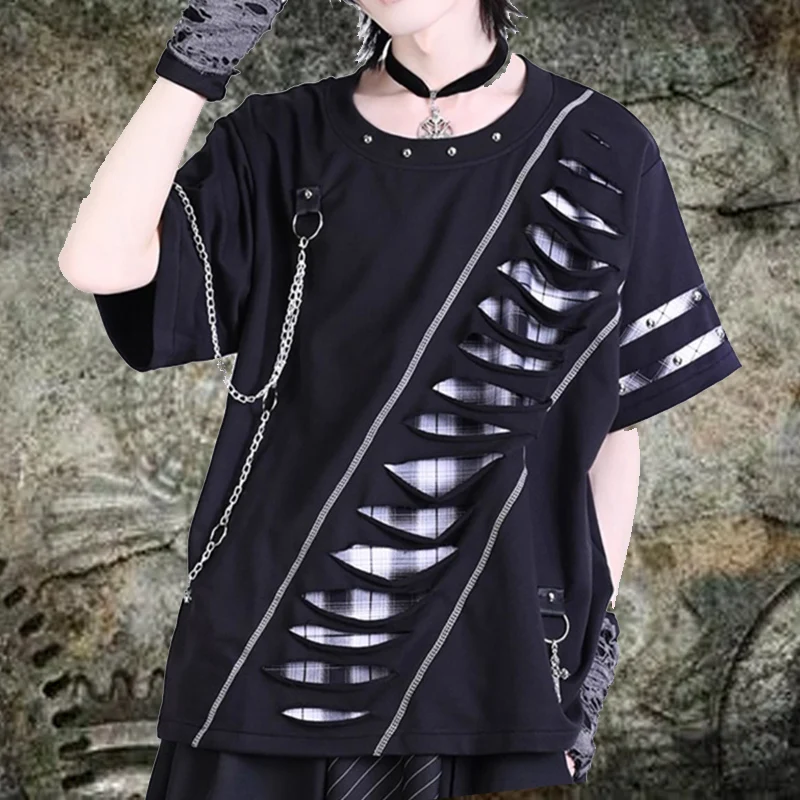 2025 Summer Free Shipping Japanese Neutral Punk Hollow hole chain Rivet  Short Sleeved Women's T-shirt Men's T-shirt