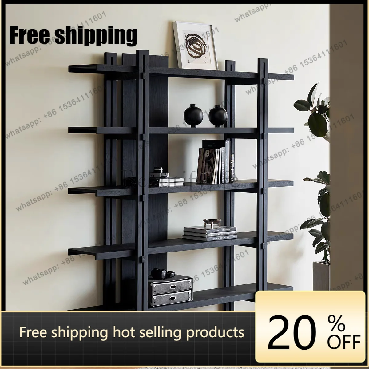 LX Nordic Solid Wood Bookshelf Wabi-Sabi Style Solid Wood Floor-standing Creative Storage Shelf