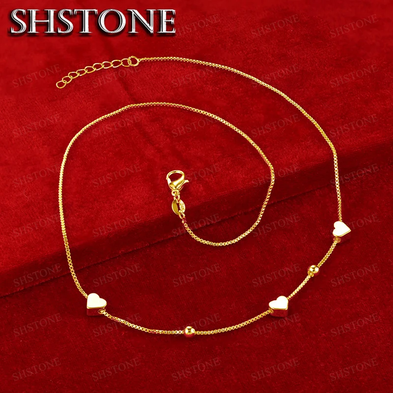 18K Gold Smooth Heart Bead Pendant Necklace For Women Chain Engagement Wedding Birthday Fashion Charm Jewelry
