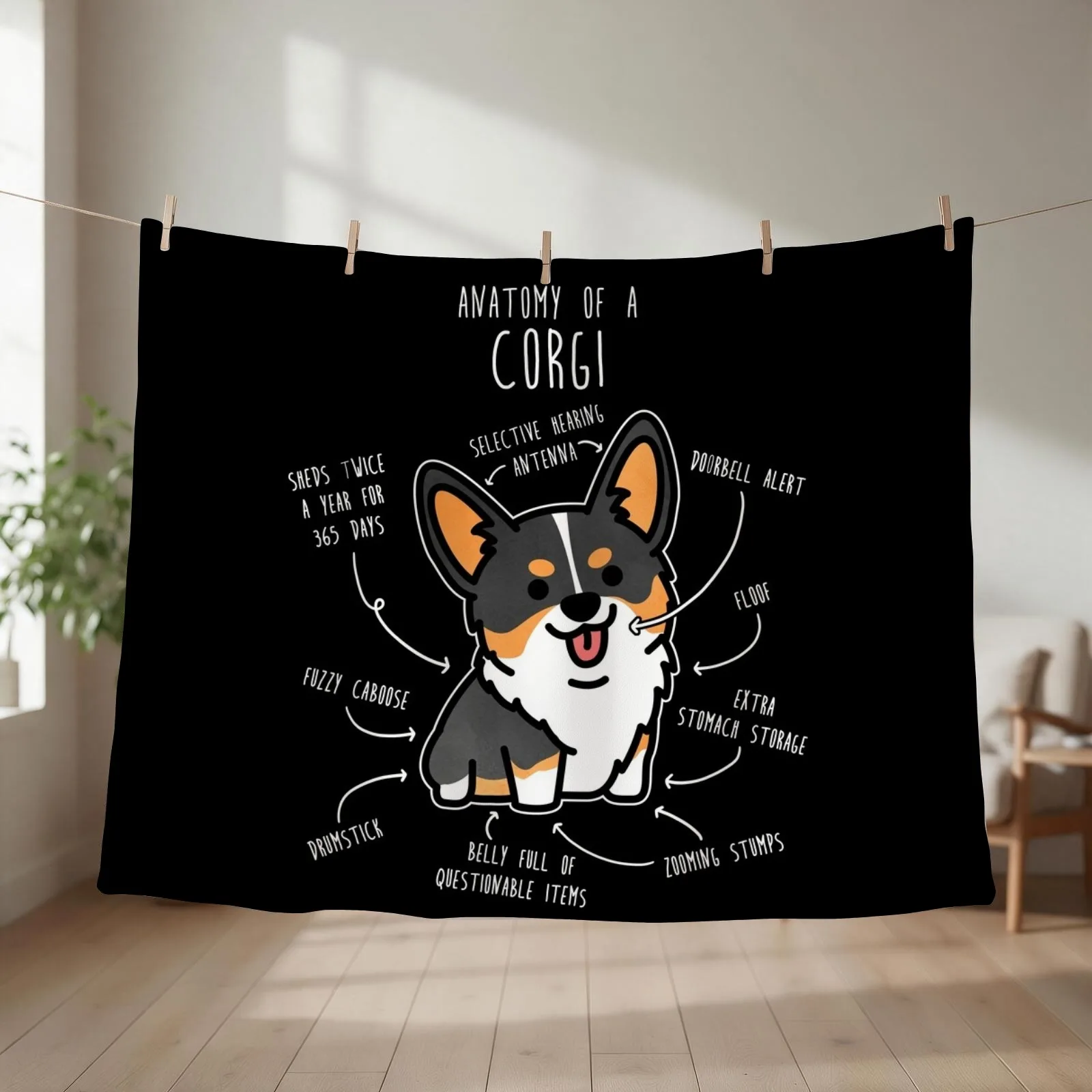 Corgi Tri Color Dog Anatomy Throw Blanket couch cozy soft plush fuzzy picnic outdoor blanket
