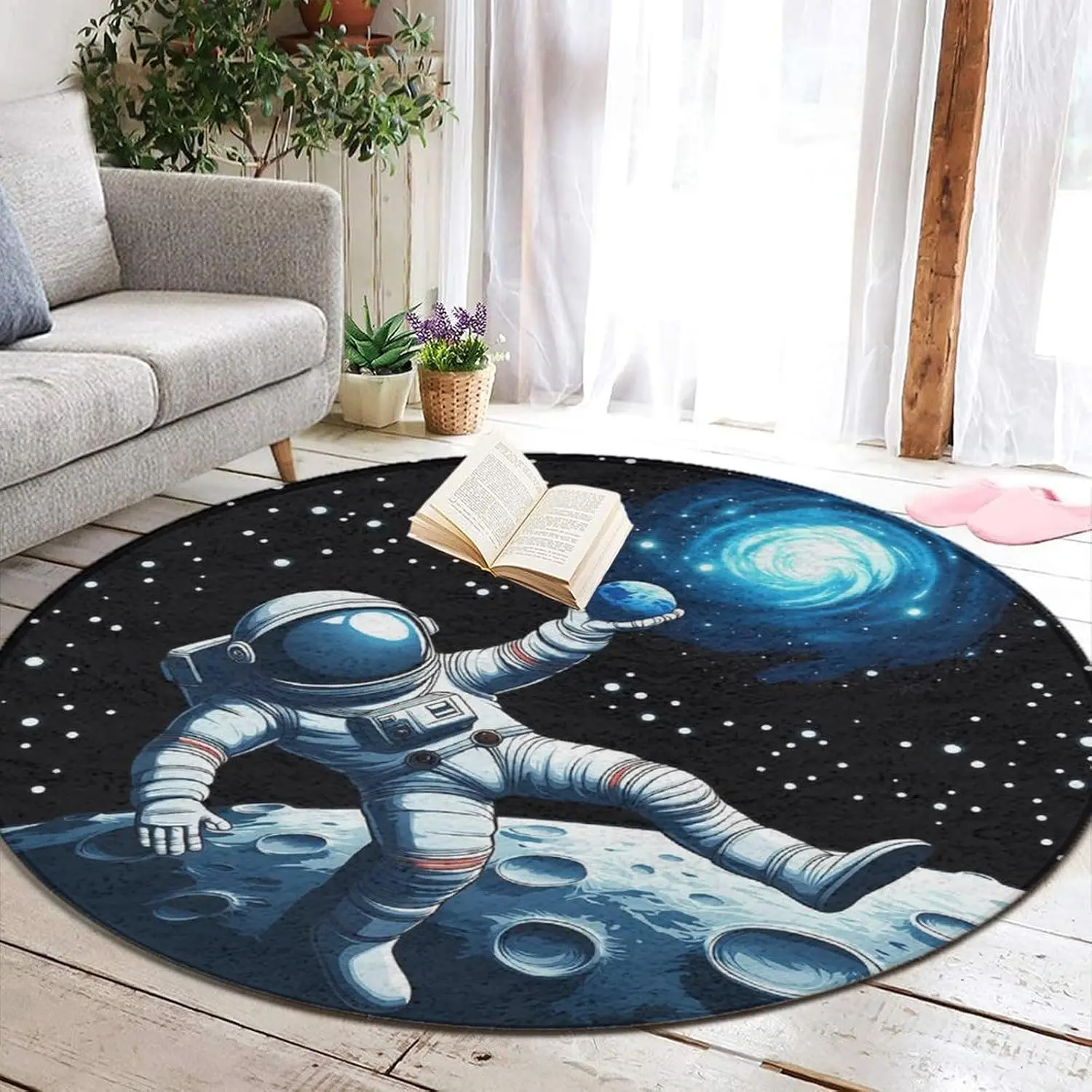 Round Area Rug Cushion Space Galaxy Astronaut Moon Nebula Design Plush Mat for Modern Living Room Bedroom Home Decor Gift
