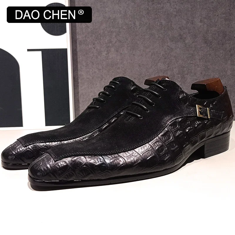 

Luxury Brand Men Oxford Shoes Lace up Split Toe Brown Black Mens Dress Shoes Suede Mix Crocodile Print Leather Shoes Men