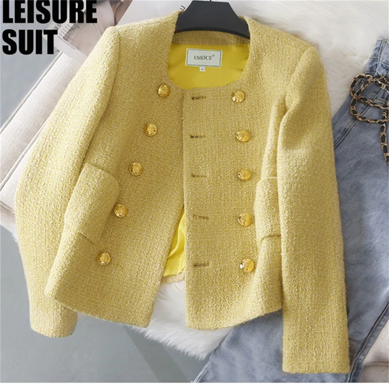 Double breasted Woolen Coat for Women\'s Autumn and Winter New Slim Fit Fashion Short Knit Thick Tweed Suit Jacket Blazer Yellow