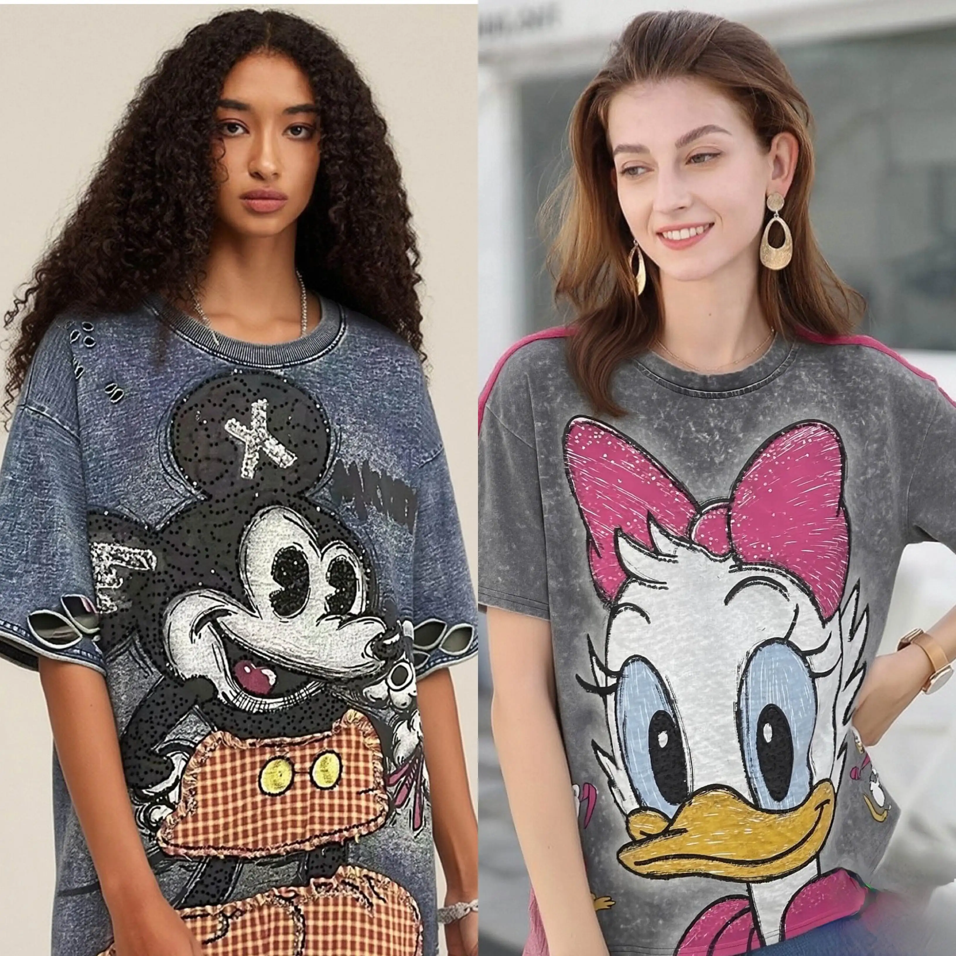 

Новая футболка с коротким рукавом и круглым вырезом в европейском и американском стиле, с вышивкой и мультяшными нашивками, коллекция 2026 года