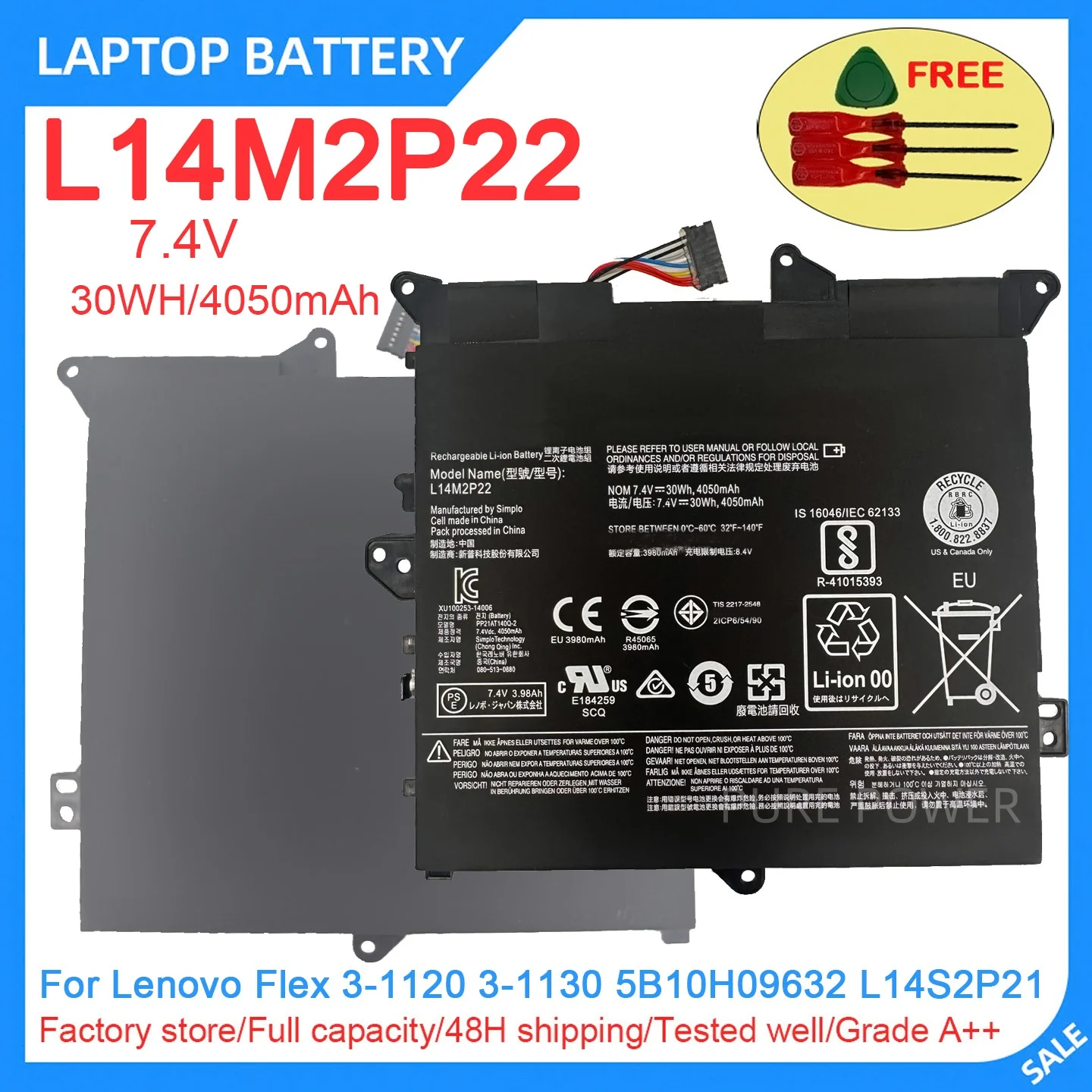New Laptop Battery L14M2P22 7.4V 30WH 4050mAh High Quality For Lenovo Flex 3-1120 3-1130 5B10H09632 L14S2P21