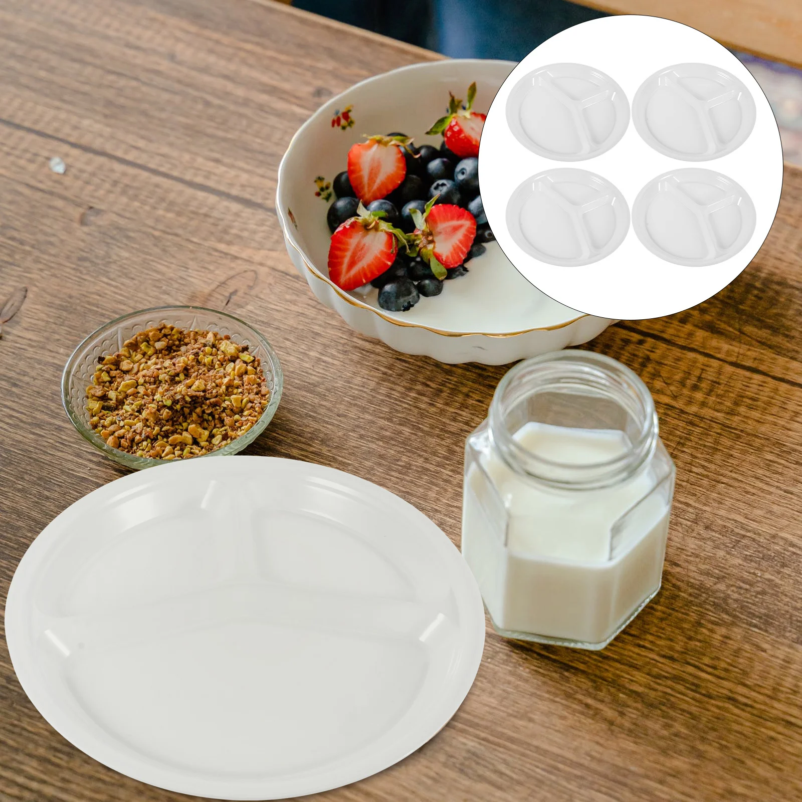 

4pcs Melamine Divided Plates Round Dinner Plates For Home Hotel Use Non-Slip Snack Fruit Tray Multi-Function Restaurant Supply