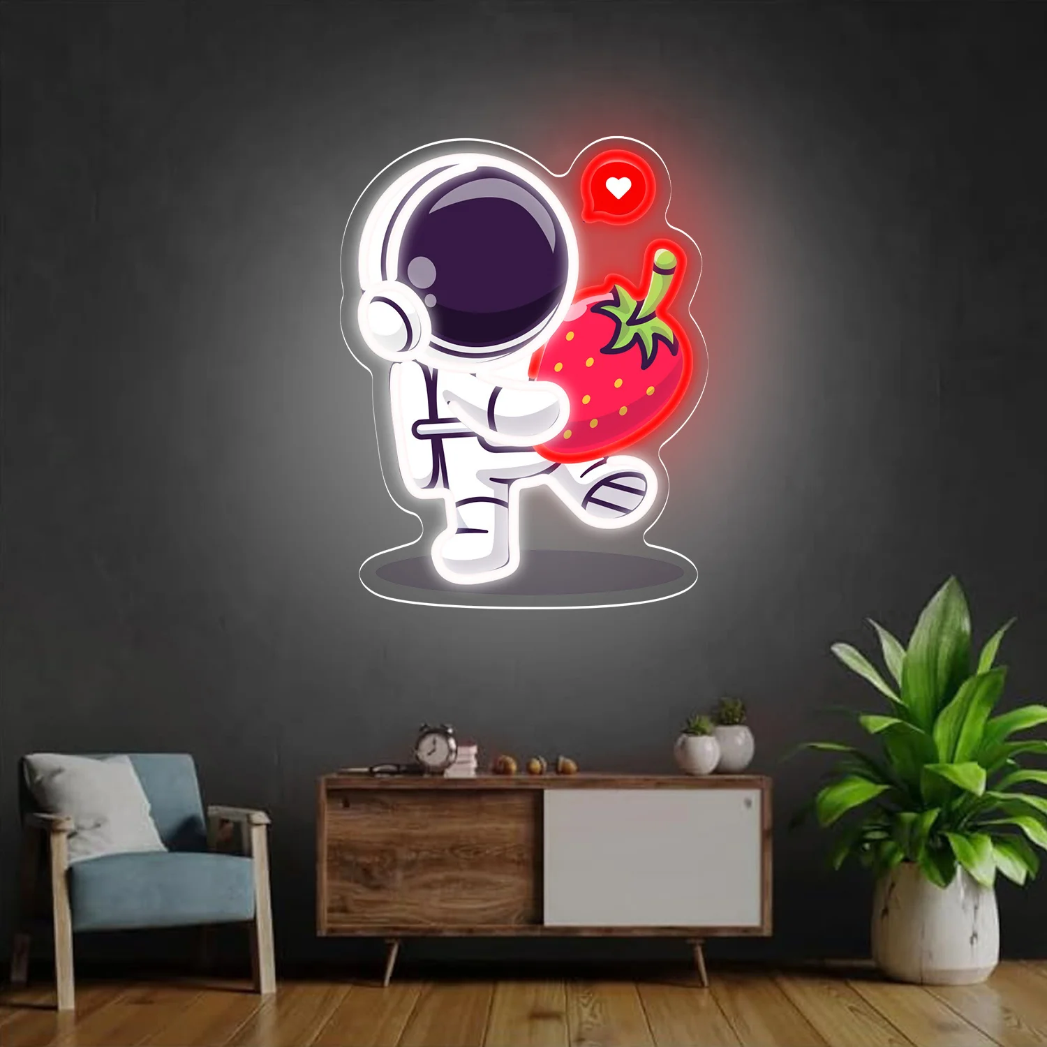 Astronaut Holding Strawberry LED Neon Sign Heart USB Powered Dimmable Wall Art for Kids Bedroom Valentine Gift Decor