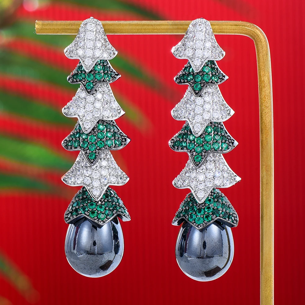 

Soramoore Gorgeous Christmas Tree Pearl Drop Earrings Full Cubic Zirconia Shiny Cute CZ for Women Wedding Trendy Earrings Bijoux