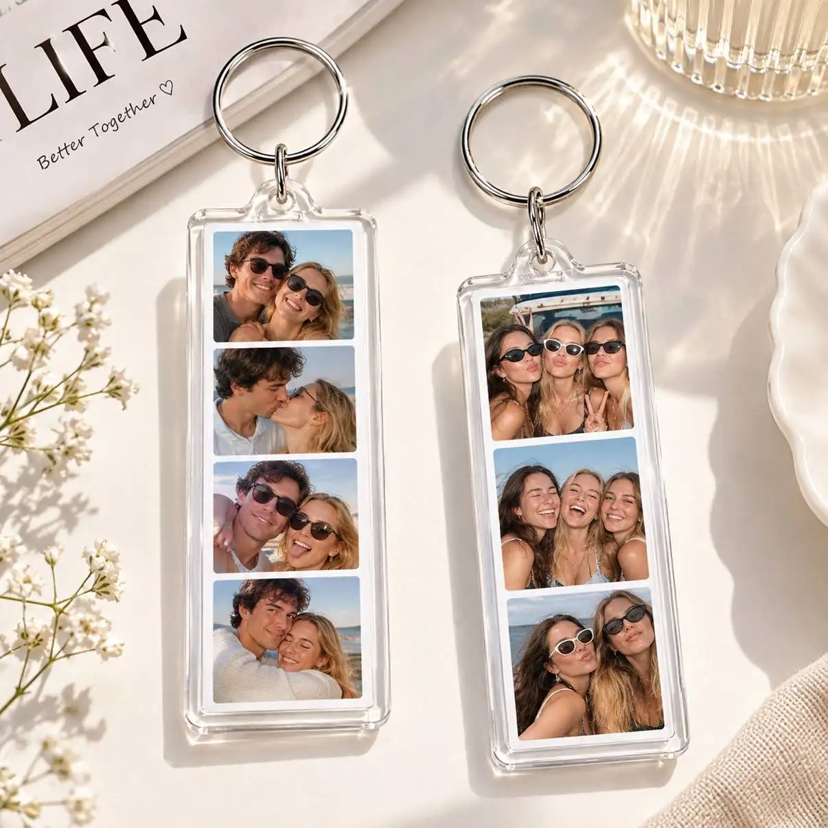 1/3/5Pcs Custom 4‑Cut Photo Strip Acrylic Key Chains Personalized Photo Pendant for Couple Family Anniversary Gift