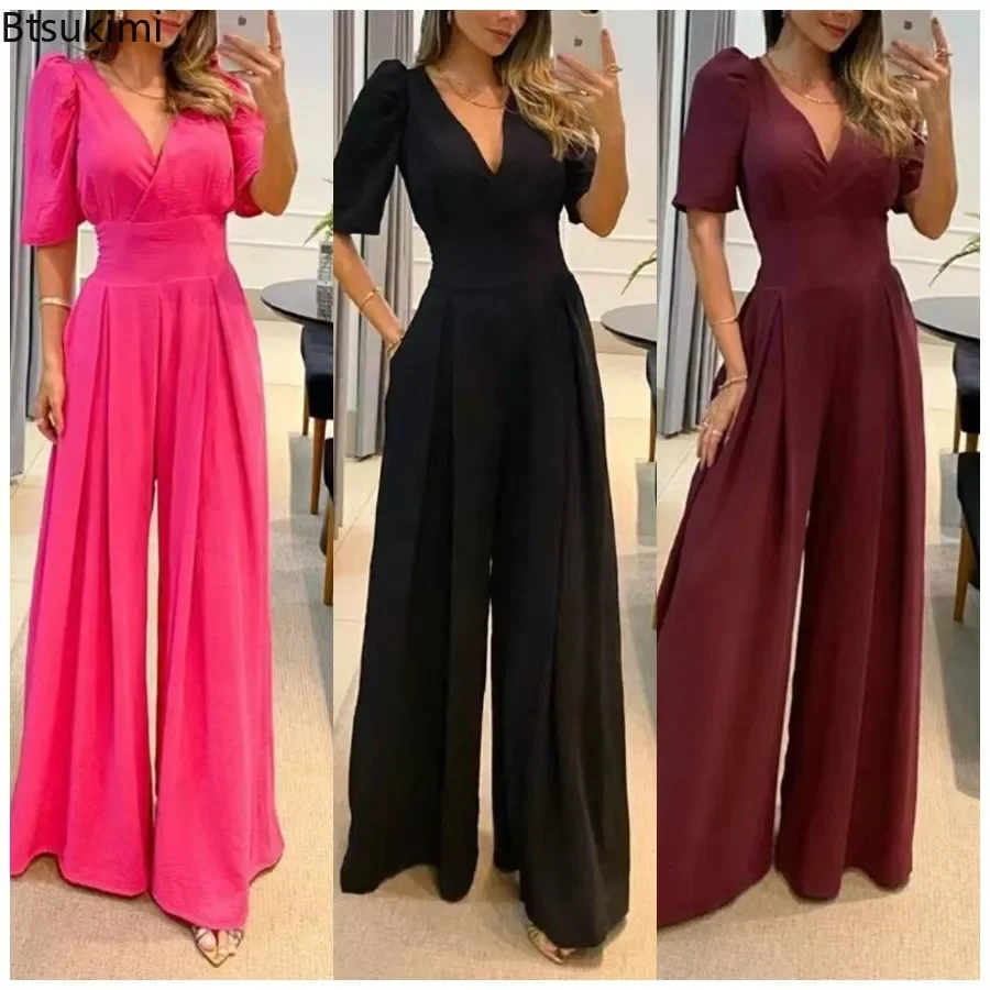 2024 Women\'s Elegant Jumpsuits Spring Summer Solid Color Temperament High Waist Women\'s Wide Leg Jumpsuit Streetwear Overalls