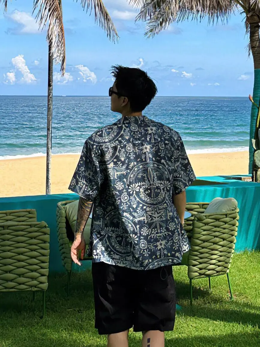 Men's Hawaiian Cuban Collar Printed Short Sleeve Shirt Summer Loose Resort Beach Casual Trendy Shirt Top