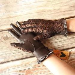 Guantes de cuero para conducir de verano para mujer, guantes de piel de oveja con pantalla táctil, finos, de encaje a la moda, de una sola capa, sin forro, para conducir y coches
