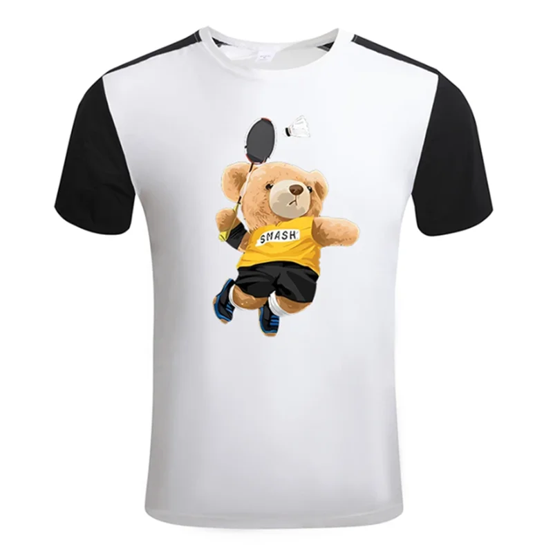 

summer fashion Splicing Men Teddy Bear Playing Badminton motion print Graphic Men Women Leisure short Sleeve Cotton T-Shirt Tops