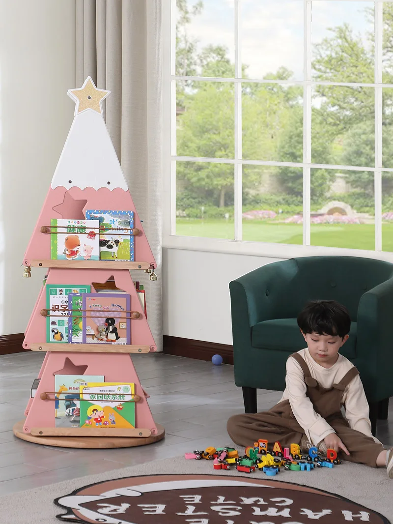 Christmas tree children's bookshelves picture book rack storage learning multi-layer log color 360 degrees.