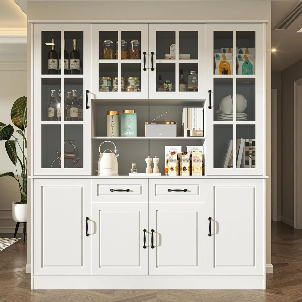 

Kitchen Storage Cabinet with Glass Doors, Large China Hutch with 2 Drawers & 5 Adjustable Shelves, Kitchen Pantry, Customized