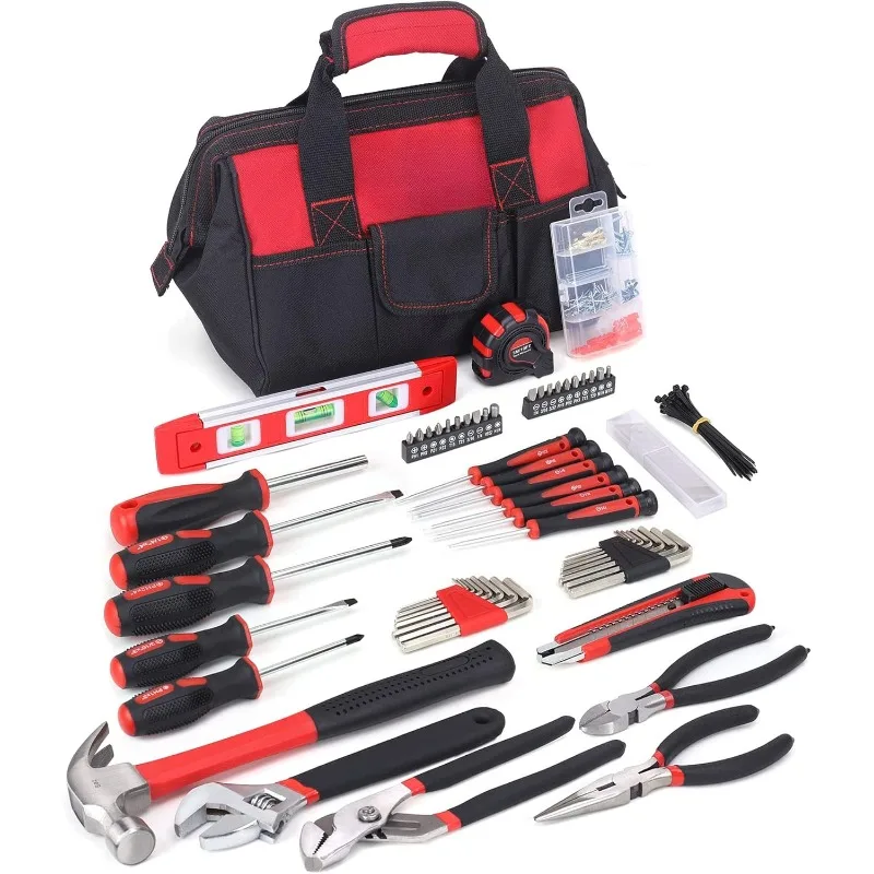 215-Piece Home Repairing Tool Set with 12-Inch Wide Mouth Open Storage Bag,Household Hand Tool Kit,Red