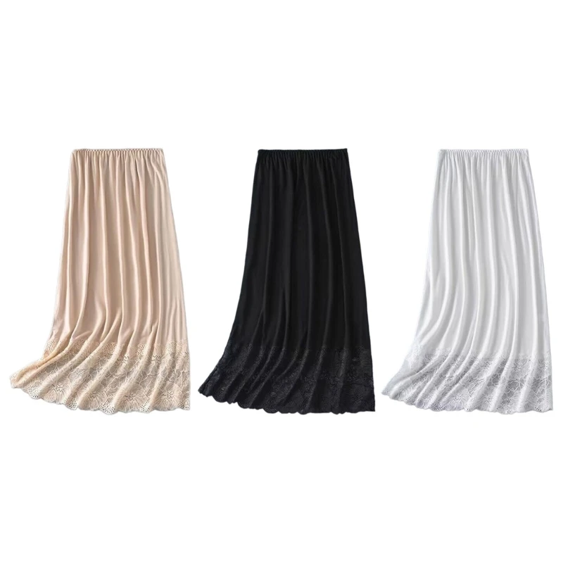 

Women Lace Trim Invisible Underskirt Petticoat Half Slip Elastic Waist Solid Color Basic Midi Long Skirt for Under Dress