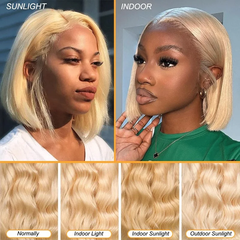 ブロンド13x4 HDレースフロントウィッグ 生え際ベビーヘア付き ボブウィッグ 人毛 613 レースフロントウィッグ 人毛 200%密度