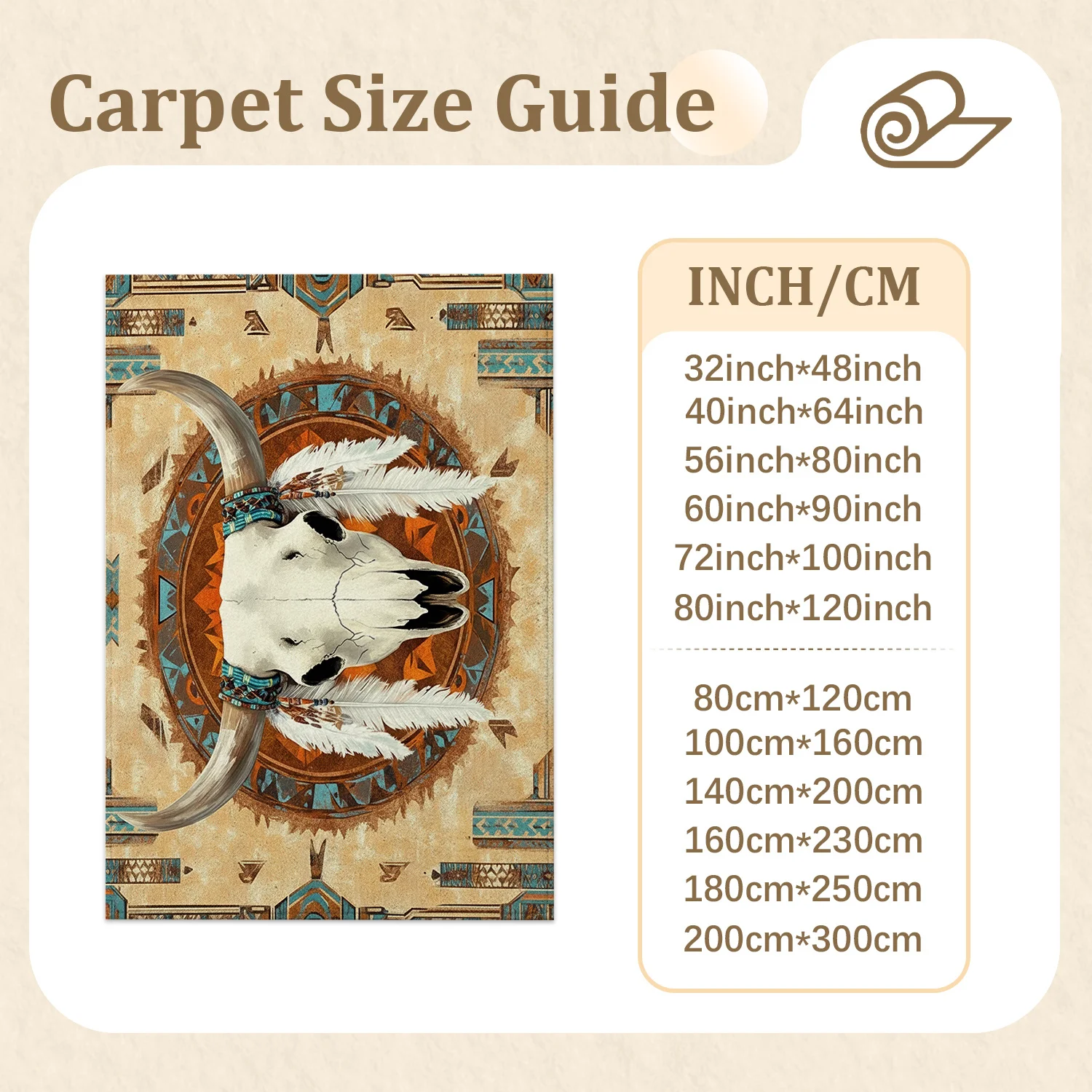 Large Indoor Area Rug, Soft Velvet Low Pile Non-slip Dotted Backing, Machine Washable Southwest Western Aztec Longhorn Skull Pattern, Warm Beige Teal Floor Rug for Living Room Bedroom Home Decor