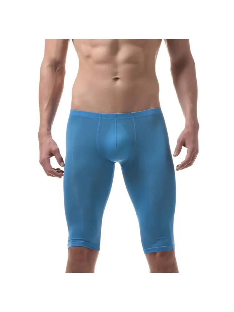 Xl xxl pijamas masculinos de seda gelo ultra fino sono inferior corpo convexo calças leggings sexy verão cinza preto nightie sleepwear meio