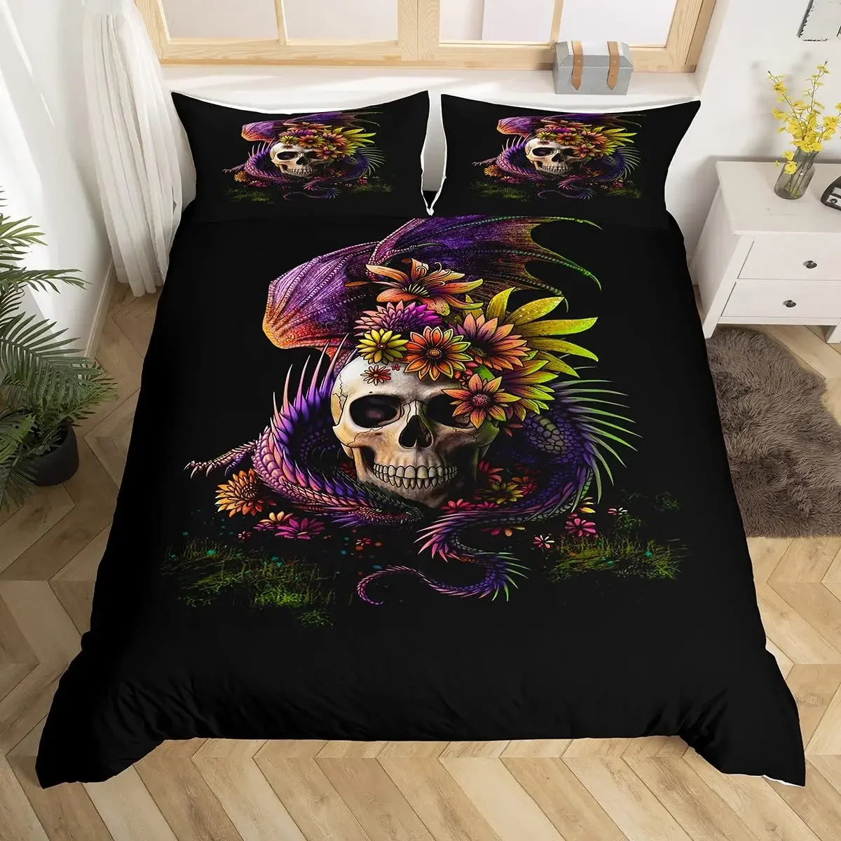 Floral Sugar Skull Duvet Cover Set King Size Bedding Set Sugar Skull Decor Comforter Cover Skull Bones Skeleton Roses Bed Sets