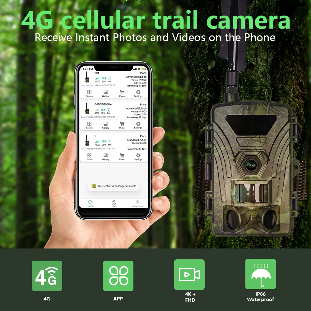 Smart hunting camera PR802G 4G Trail Camera 4K video/60MP photo APP Controlled120°Wide View,IR Night Vision for Outdoor Tracking