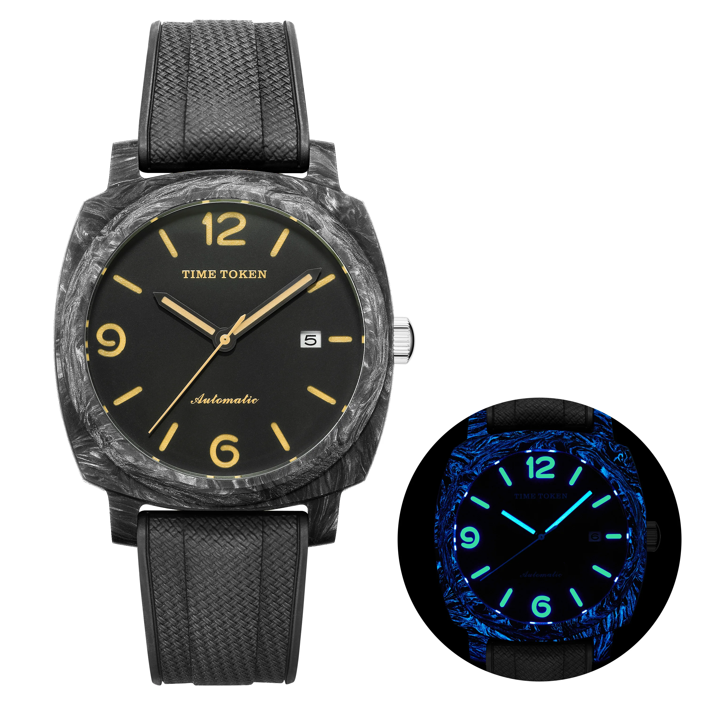 TIMETOKEN Luxury Men Automatic Watch Forged Carbon Fiber Case Date Display Luminous Black Rubber Strap Male Wristwatch Gift T538