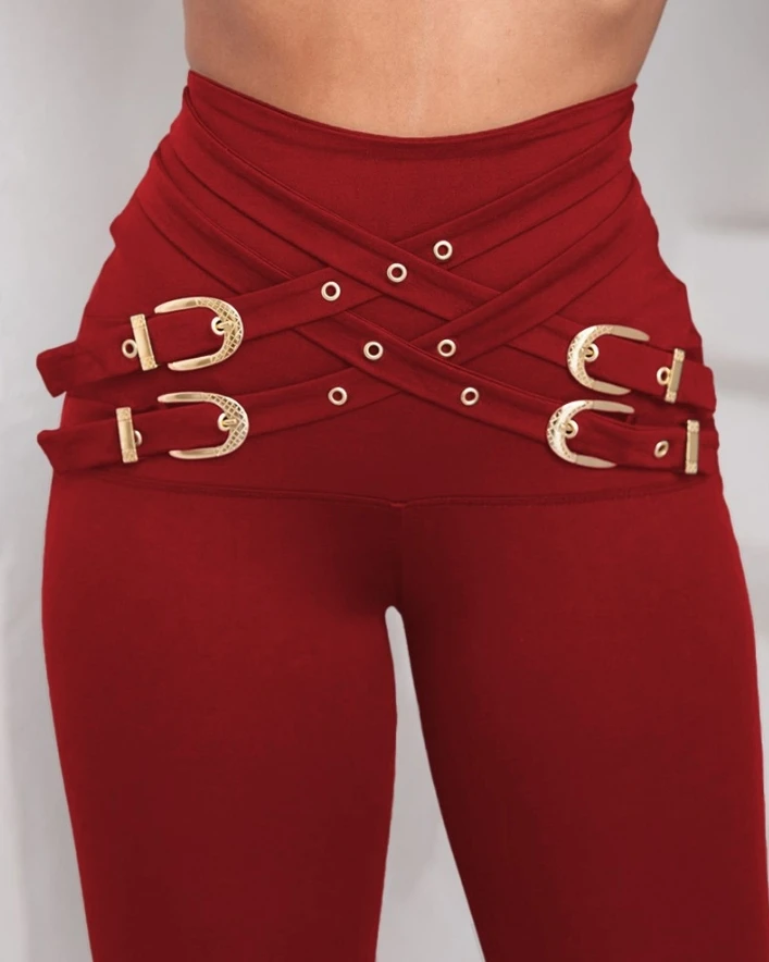 Women's fashionable casual cross buckle decoration high waisted tight pants for autumn and winter 2025 new women's clothing