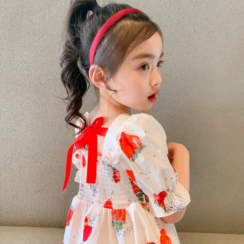 Girls Dresses 2023 Summer Short-sleeved Cotton Dress for Children\'s Clothing Princess Kids Strawberry Print Beach Holiday Dress