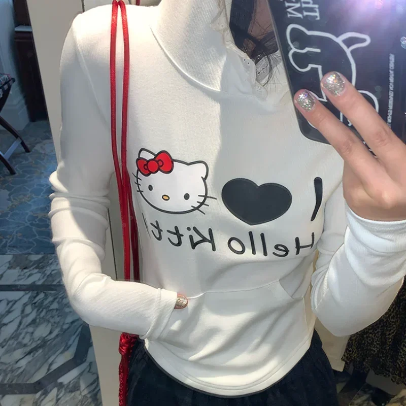 Hello Kitty pajamas new cotton hooded long-sleeved top women's clothing Sanrio loungewear T-shirt Hello Kitty women's pajamas