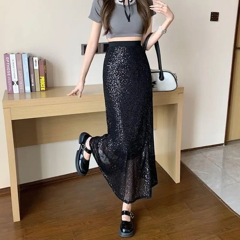 2026 New Spring Summer Plus Size Women's Vintage Midi Skirt Sequin Bodycon Mermaid Skirt A Line High Waist Long Skirt For Daily
